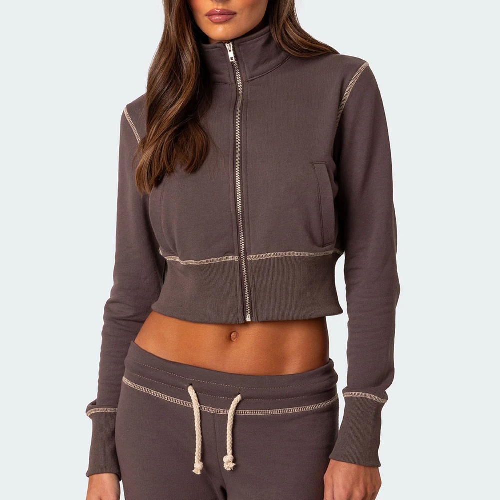Edikted Alexia Zip Up Sweatshirt Size XL Brown